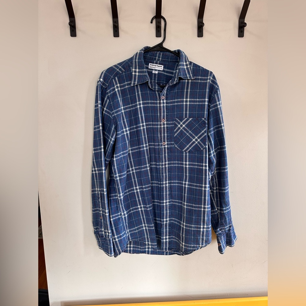 American Apparel Flannel Shirt Mens Medium Blue Plaid USA MADE